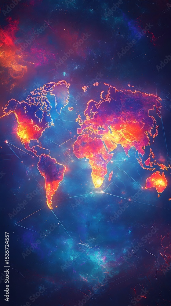 Poster abstract world map glowing red and purple on a nebula style background, connection lines