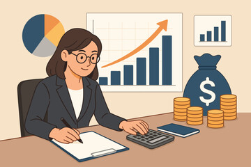 Fototapeta premium Financial advisor analyzing investment growth. Businesswoman at desk with calculator, charts, and money. Concept of accounting, financial planning, success, and profit analysis.