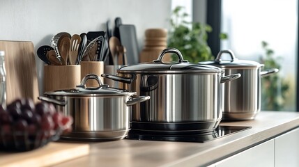 Minimalist stainless steel kitchen setup pressure cookers stockpots and strainers clean design no labelling no logo no human