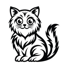 Black and White Cartoon Illustration of a Cute Cat Sitting with a Fluffy Tail and Furry Body