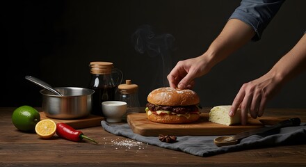 Chef dusting powdered sugar on a burger, rustic kitchen setting with dark background