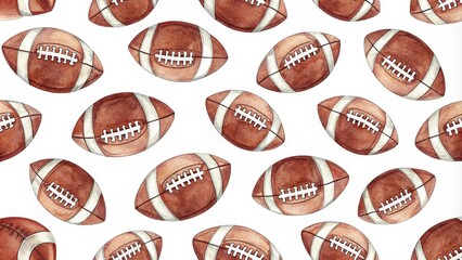 Watercolor American Football Seamless Pattern, Brown Leather Texture, Sports Background, Football Pattern American Football, Watercolor art
