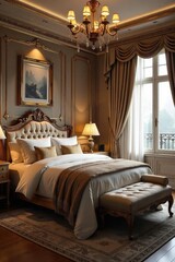 Fototapeta premium A lavishly appointed bedroom suite, complete with plush bedding, ornate furniture, and a regal atmosphere Perfect for depicting luxury, relaxation, and sophisticated comfort , manor, vintage