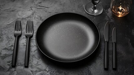 Modern minimalistic plates forks knives arranged on a black granite table sleek style no labelling no logo no human