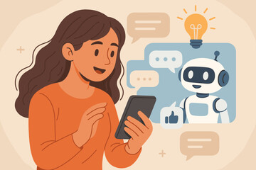 Woman Using Smartphone Chatbot Communication Interface. Artificial Intelligence Virtual Assistant Robot with Speech Bubbles, Messaging and Creative Idea Light Bulb Concept Illustration