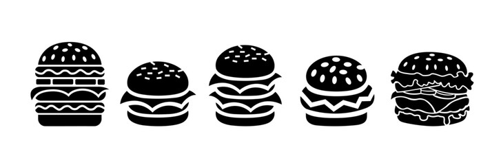 A variety of Burger Icons and Illustrations in black and white