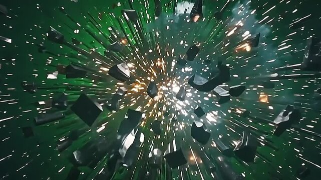 angstrom strong explosion of burst metal rubble pitch ignite along angstrom luminous park background, beam fragment of radiant metallic scatter with strong splendour and energy.