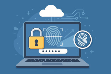 Cybersecurity laptop illustration with fingerprint biometrics, password authentication, cloud data protection, secure login interface, padlock icon, digital privacy, identity access control
