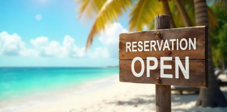 A rustic wooden sign points towards a sun-drenched beach, announcing summer reservations are open Perfect for travel and vacation websites or brochures promoting summer getaways , destination, calm