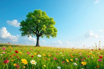 Fototapeta premium A solitary tree stands amidst a field of vibrant wildflowers, its branches reaching towards a clear sky; a serene blend of isolation and natural beauty , beauty, rural