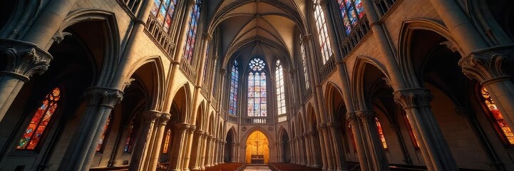 Fototapeta premium Awe-inspiring Gothic cathedral, intricate stonework, stained glass windows illuminating the nave, soaring arches, religious architecture at its finest , tourism, facade, spire