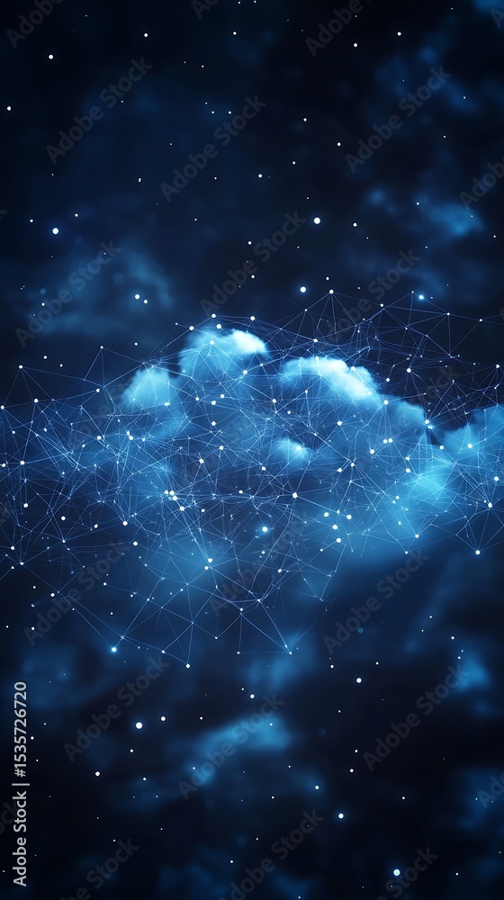 Poster Digital Cloud Network in Deep Blue, Abstract Polygonal Connection on Nebula Sky