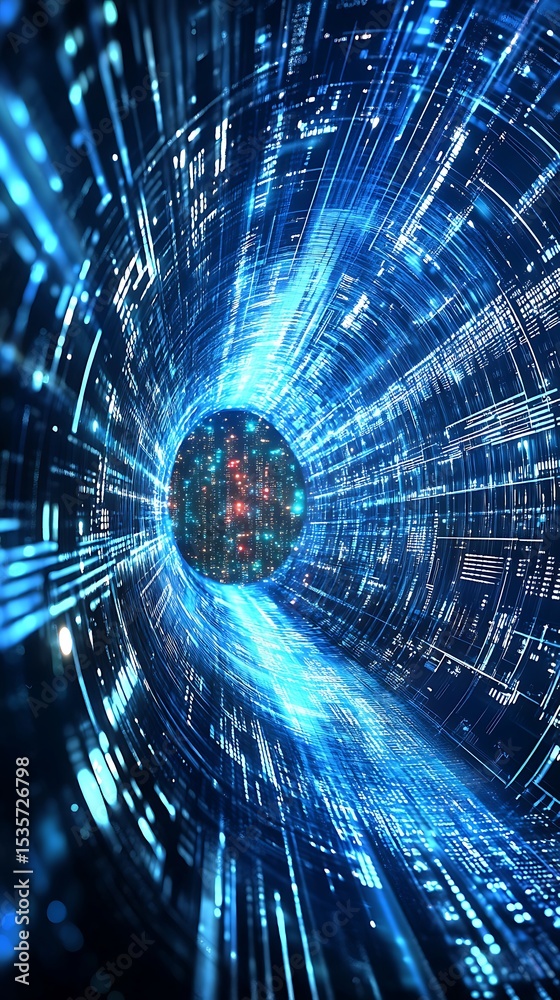 Poster digital tunnel with blue light streaks and network connections background