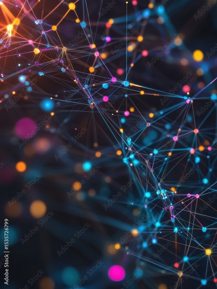 Poster futuristic digital network with illuminated nodes and colorful data charts on a dark background