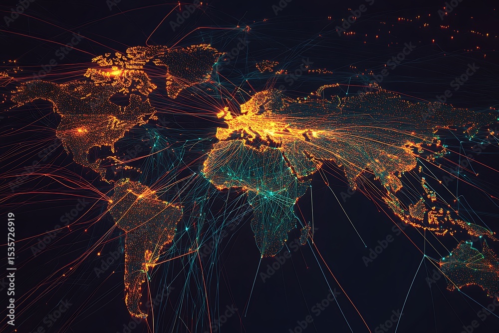 Aufkleber Digital World Map of Orange Dots with Glowing Network Lines on Transparent Background
