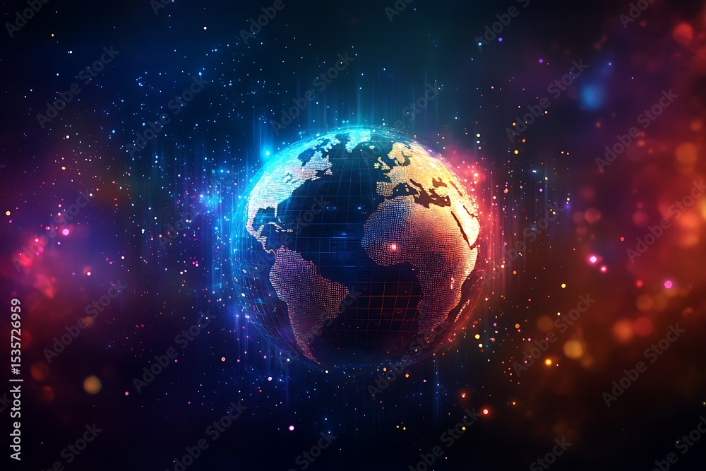 Poster dotted earth globe with grid, futuristic glowing particles in space with colorful hues