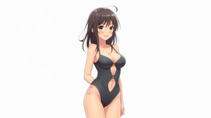 Anime girl in black swimsuit with confident pose