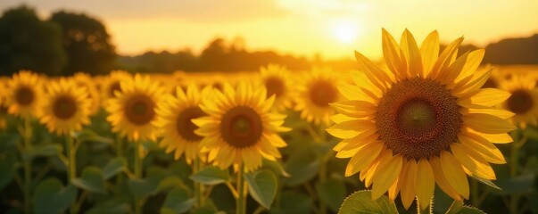 Obraz premium Golden hour sunlight bathes a field of ripe sunflowers, their heavy heads bowing under the summer weight A quintessential image of summer abundance and warmth , beauty in nature, natural beauty