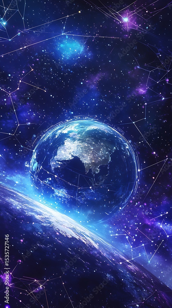Poster earth globe view from space with galaxy sky and constellation stars background