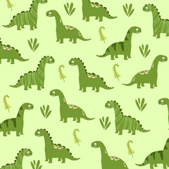 green illustration of Brontosaurus seamless cute design for kids apparel