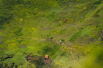 This is a long shot of a nature trail on a lush green hill with two women walking. The path is narrow, and small purple flowers grow along the way. The idea for a travel background with copy space.