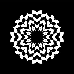Abstract Radial Geometric White Floral Pattern on Black Background. Decorative Design Element.