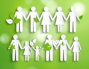 Paper cutouts of people holding leaves on green bokeh background