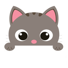 Adorable Gray Kitten Peeking Over a White Surface, Cute and Playful Cartoon Cat with Big Eyes and Paws