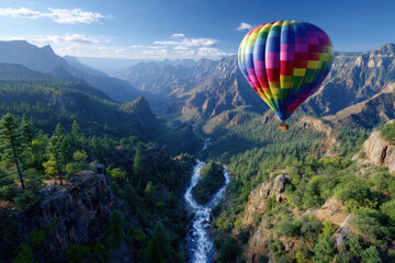 Fototapeta premium Colorful hot air balloon gliding over a rocky valley with a winding river and lush trees