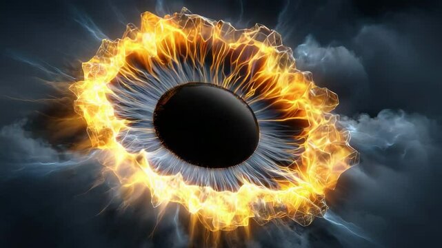 Black hole with intense fire in center depicting a burning eye surrounded by cosmic darkness
