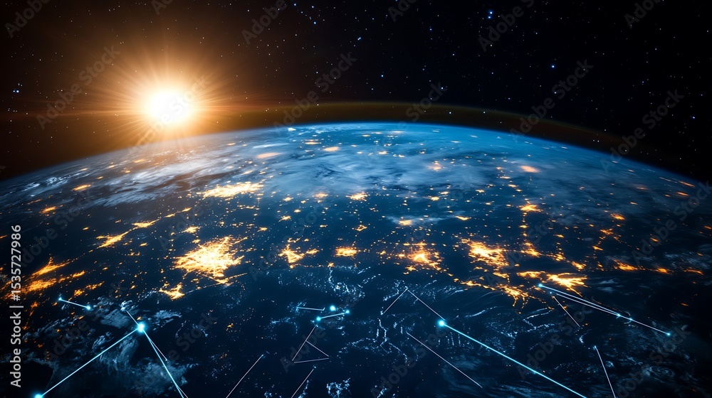 Aufkleber glowing earth from space with city lights and digital network connections view