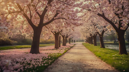 A picturesque spring pathway lined with vibrant cherry blossoms in full bloom, creating a serene and enchanting seasonal landscape