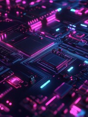 Fototapeta premium Close up view of a dark circuit board with neon pink and blue futuristic lighting, digital technology concept.