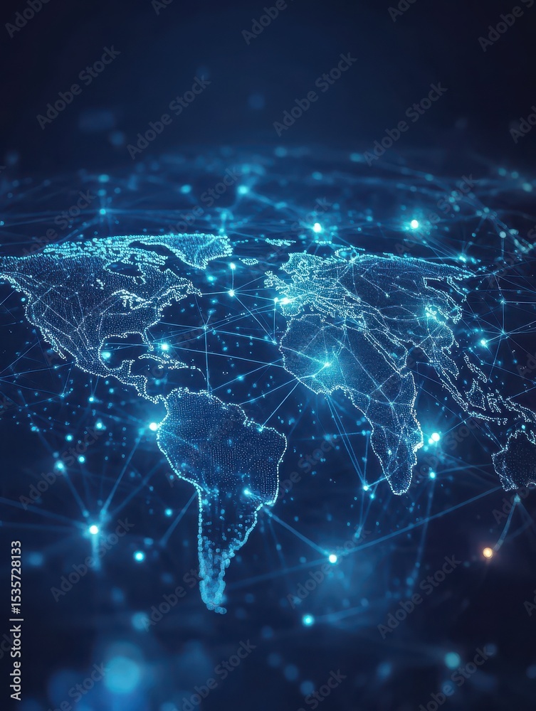 Poster blue digital world map with glowing network lines and data points, ideal for global communication an