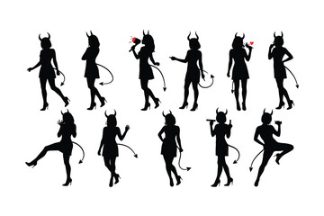 Sexy Devil Girl Silhouette Collection – Vector Icons with Horns, Tails, and Playful Poses

