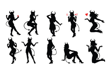 Sexy Devil Girl Silhouette Collection – Vector Icons with Horns, Tails, and Playful Poses


