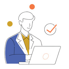 Professional outline drawing shows a man working on laptop with check mark approved