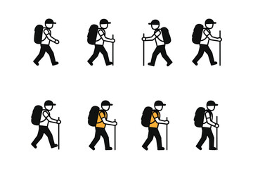 Hiking Icon Set – Backpacker Walking and Trekking Stick Vector Illustrations in Motion

