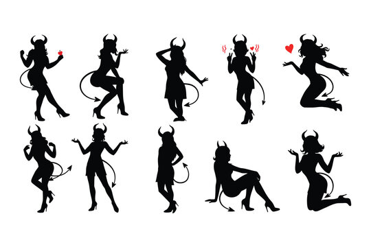 Sexy Devil Girl Silhouette Collection &ndash; Vector Icons with Horns, Tails, and Playful Poses

