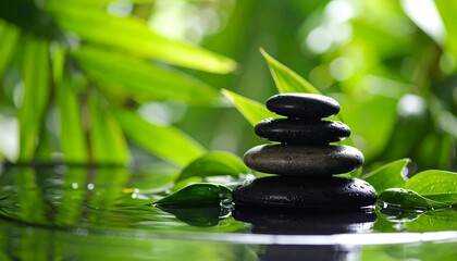 Obraz premium Zen stones on water, green leaves