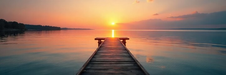 Fototapeta premium Tranquil scene of a wooden dock extending into calm waters, meeting a serene shoreline at sunset The peaceful atmosphere is perfect for relaxation and reflection , environment, clouds