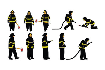 Firefighter Silhouette Vector Set – Emergency Response Crew with Hose, Axe, and Gear

