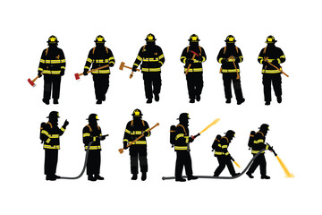 Firefighter Silhouette Vector Set – Emergency Response Crew with Hose, Axe, and Gear

