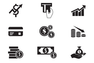 Money, budget, savings, loan, cash, earning, income, wallet, currency, dollar, card, coin, revenue, piggy bank, and profit icon set. Finance business icon collection.