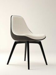 A minimalist chair with a white cushion and black legs, floating on white.
