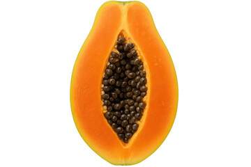 Ripe papaya sliced open, displaying dark seeds embedded in bright orange flesh against clean transparent backdrop