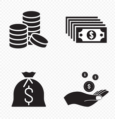Money, budget, savings, loan, cash, earning, income, wallet, currency, dollar, card, coin, revenue, piggy bank, and profit icon set. Finance business icon collection.