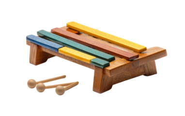 Educational wooden xylophone toy featuring rainbow bars and percussion sticks isolated on transparent background PNG