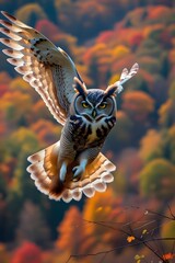 Obraz premium Soaring Owl in Fall Forest – Motion and Seasonal Beauty