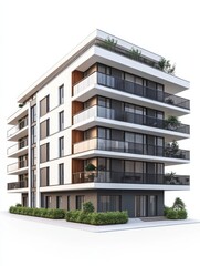 New modern apartment building exterior isolated on a white background. Generative AI.